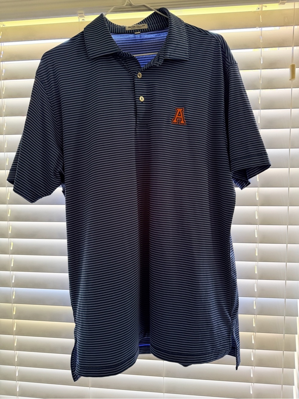 Peter Millar Navy and White Striped Polo with Orange 'A' Patch Auburn